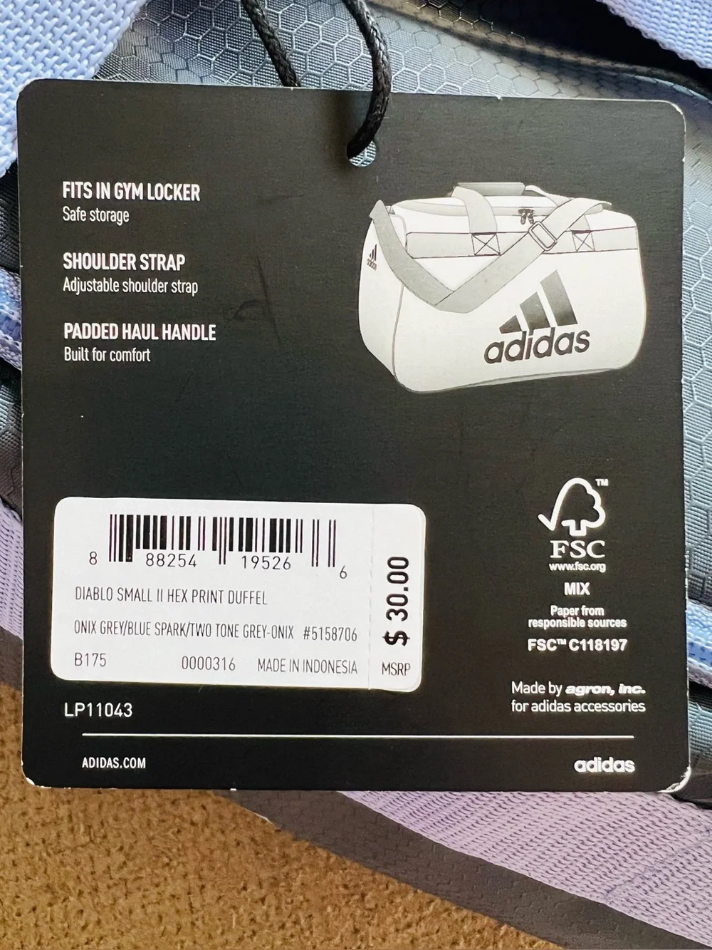 Adidas Diablo 2 Hex Grey Blue Small Adjustable Strap Gym Travel Duffel Bag NWT
